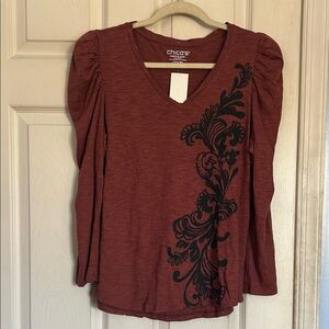 NWOT Chico’s slub cotton printed long sleeve puff shoulder top